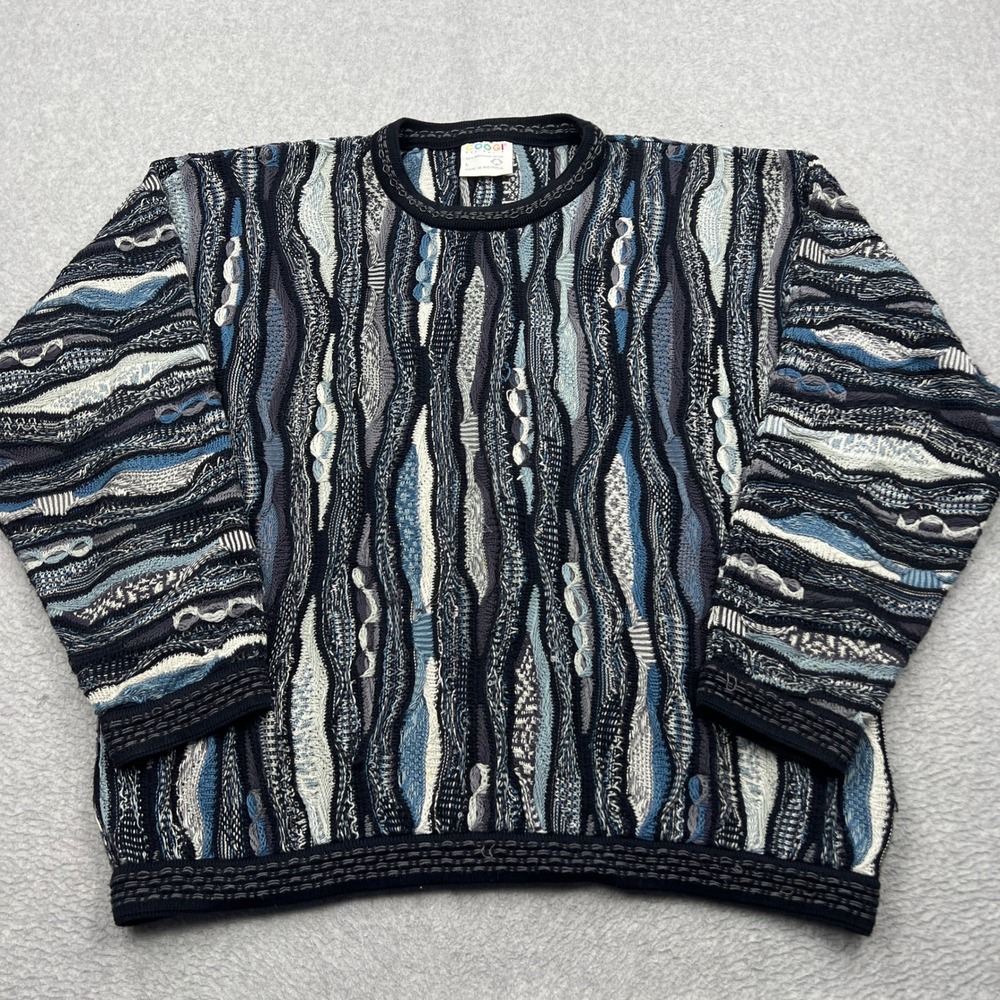VTG Coogi 3D Knit Sweater Mens Large Chunky Vertical Striped Cotton Australia